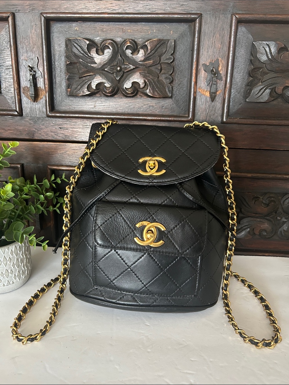 Beautiful Black Quilted Leather Backpack with Gold CC Hardware